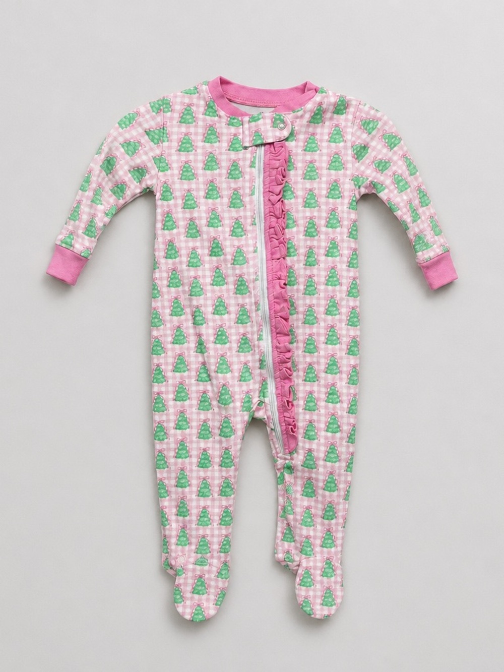 James and Lottie pink gingham Christmas tree one piece zipper footie 9 months